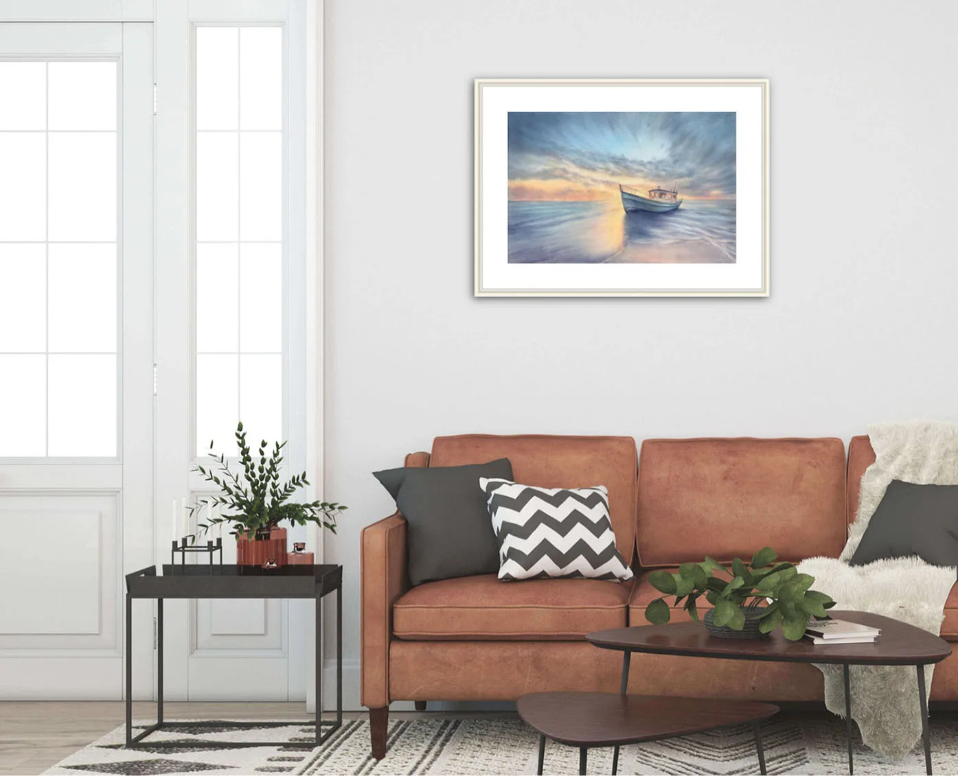 Framed "Morning Solitude" painting above a sofa, complementing the room's coastal-inspired decor.