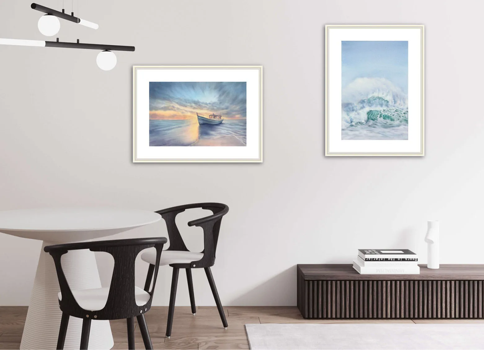 "Morning Solitude" seascape in a sleek modern living room, bringing soft blues and warm tones for a peaceful atmosphere.