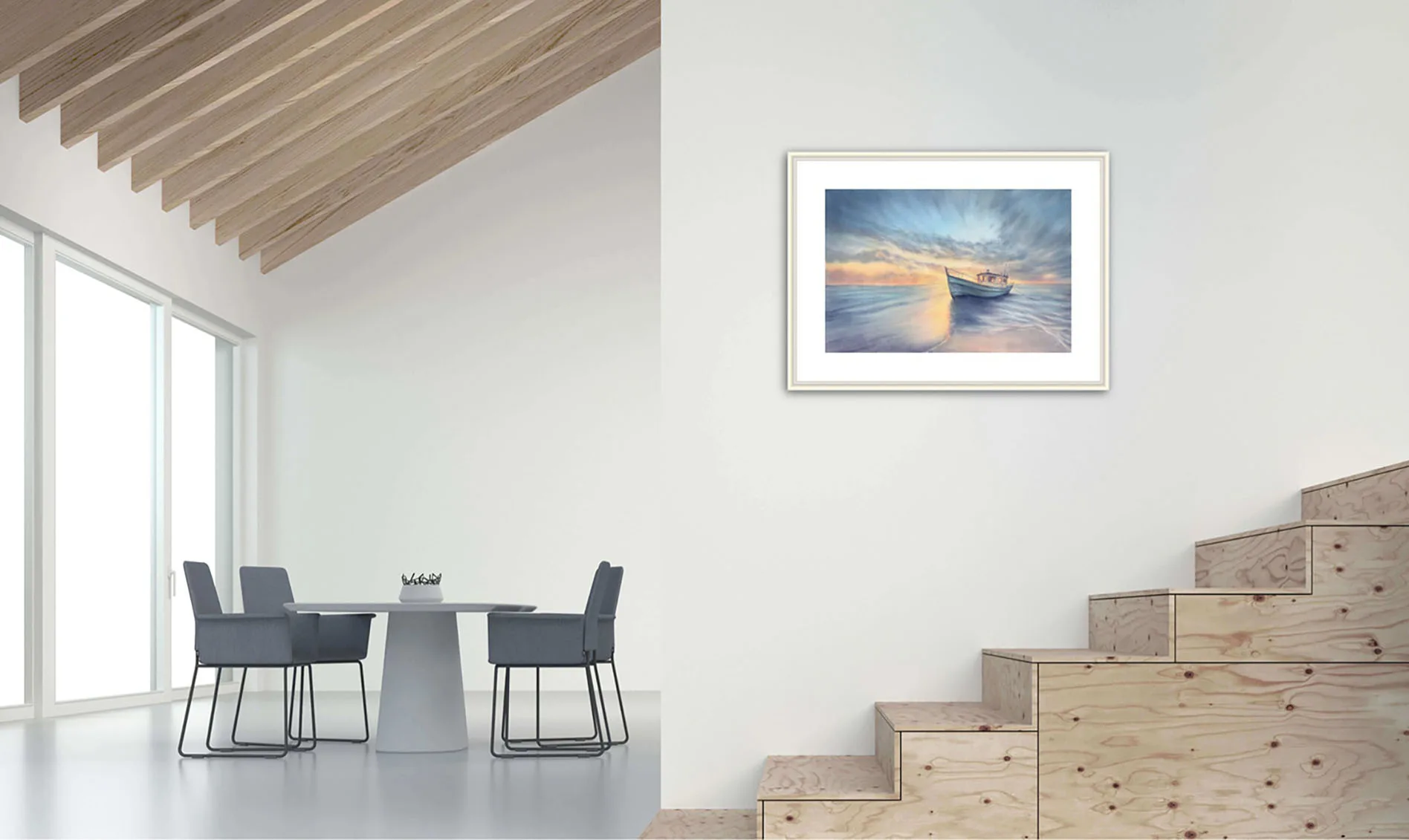"Morning Solitude" painting displayed above a staircase, bringing a peaceful coastal vibe to the space.