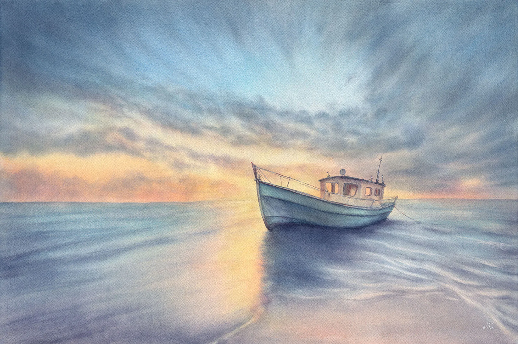 Morning Solitude – Original seascape watercolor painting by Kateryna Nazarenko featuring a tranquil boat at sunrise with soft blue, orange, and yellow hues reflecting on calm ocean waters.
