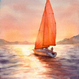 Watercolor painting of a sailboat with glowing orange sails drifting across a golden sunset ocean, reflecting warm hues on the water with distant mountains in the background.