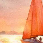 Detailed view of the sailboat in Sailing into the Sunset watercolor painting, with glowing orange sails reflecting warm sunset hues on the water.