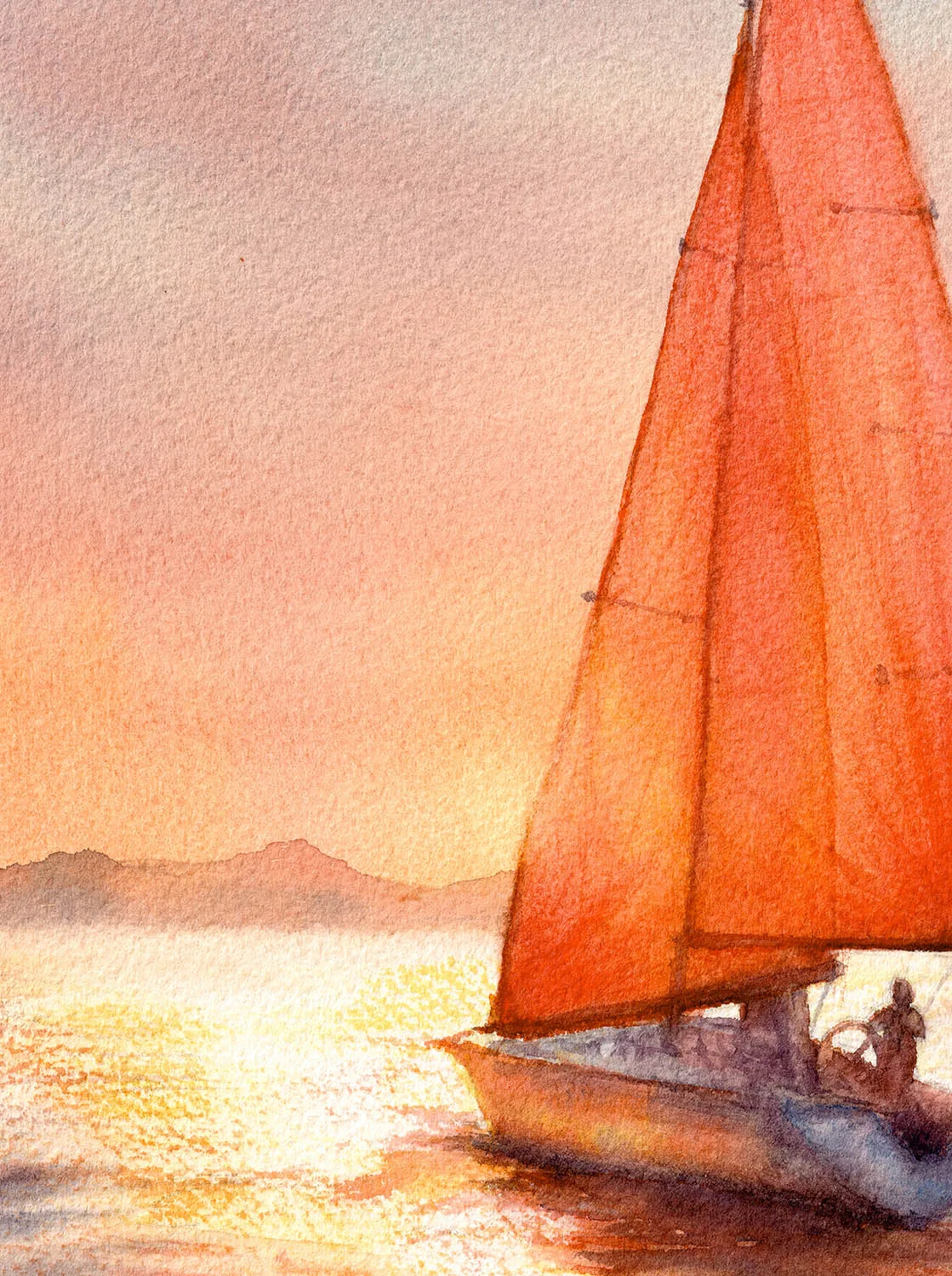 Detailed view of the sailboat in Sailing into the Sunset watercolor painting, with glowing orange sails reflecting warm sunset hues on the water.