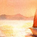 A very close view of the sunset horizon in Sailing into the Sunset, showcasing the paper’s texture and delicate watercolor transitions.