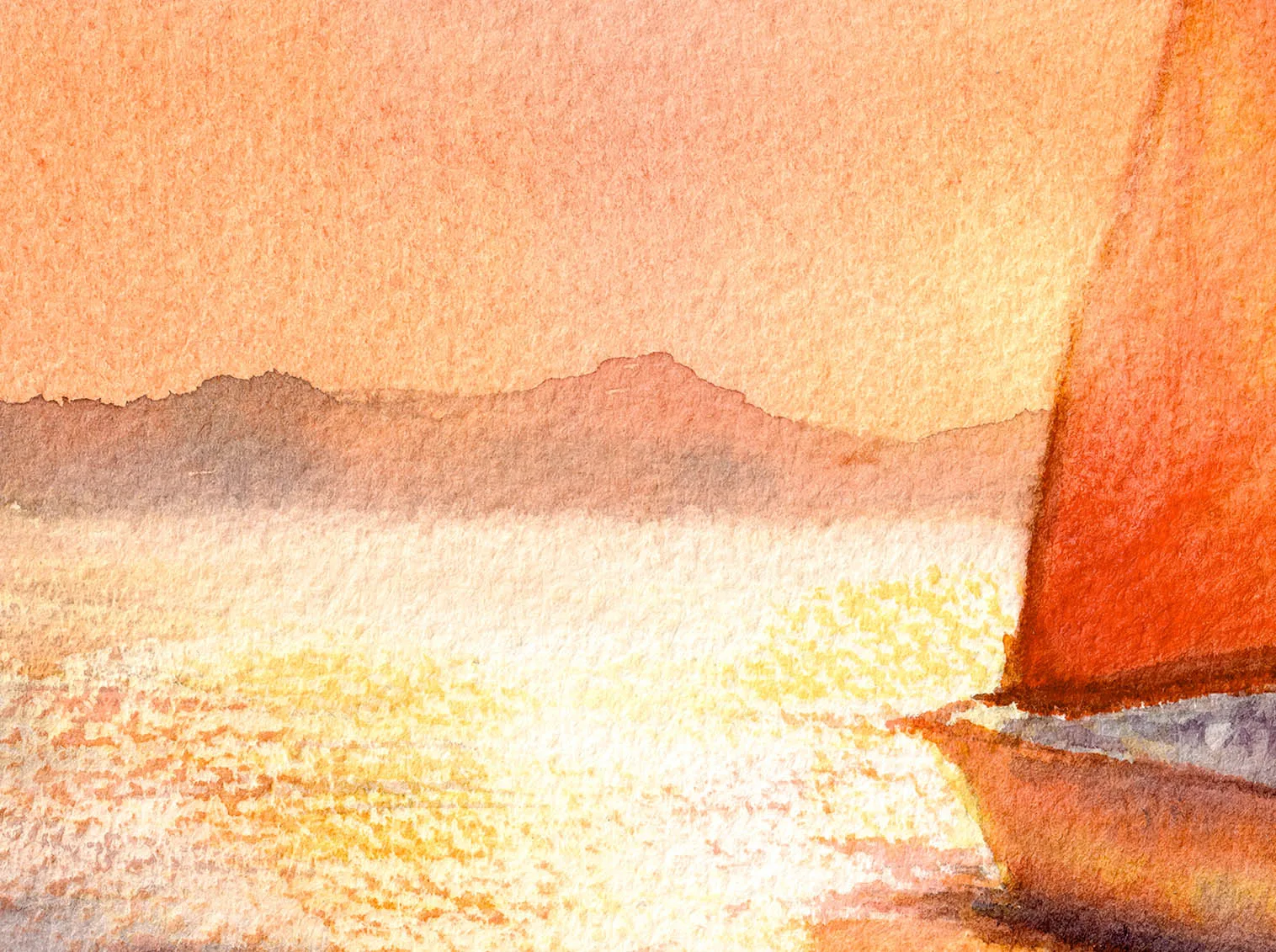 A very close view of the sunset horizon in Sailing into the Sunset, showcasing the paper’s texture and delicate watercolor transitions.