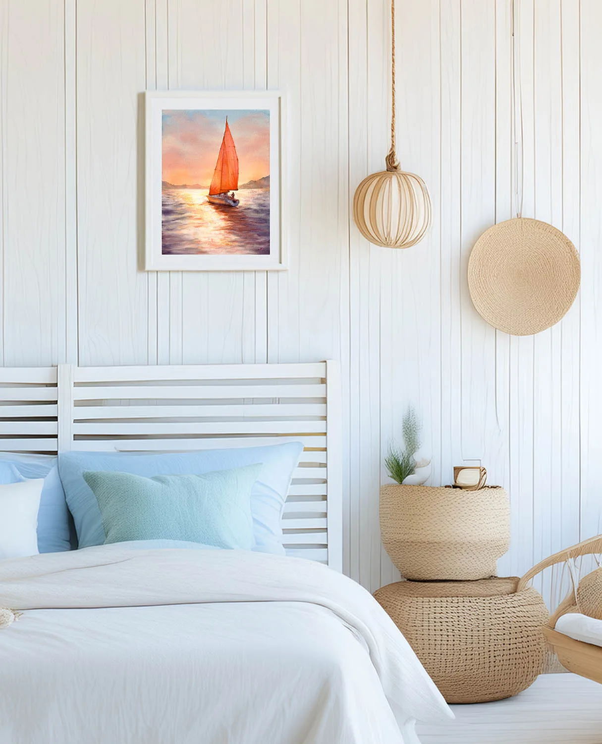 Sailing into the Sunset watercolor painting in a coastal bedroom, enhancing the relaxing seaside ambiance.