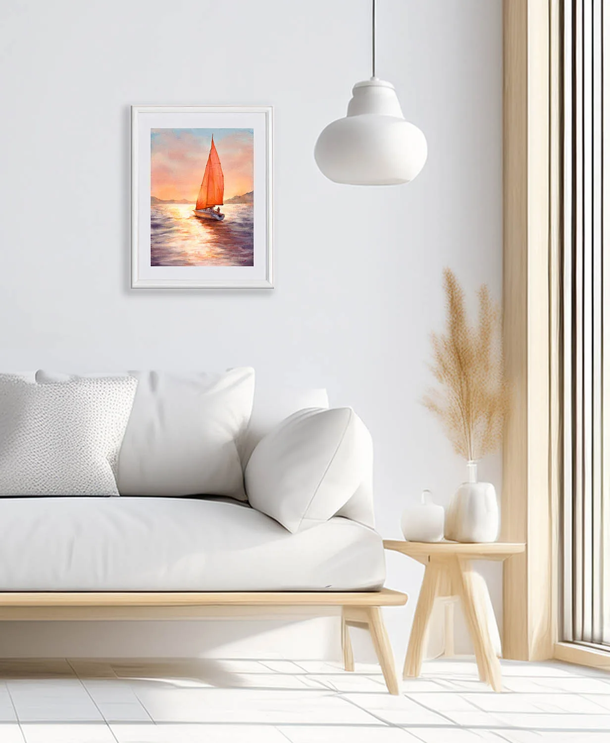 Sailing into the Sunset watercolor painting displayed in a modern living room, bringing a tranquil ocean atmosphere.