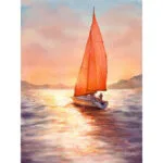 "Sailing into the Sunset" watercolor painting by Kateryna Nazarenko, depicting a sailboat gliding across calm waters under a glowing sunset sky with warm hues reflecting on the sea.