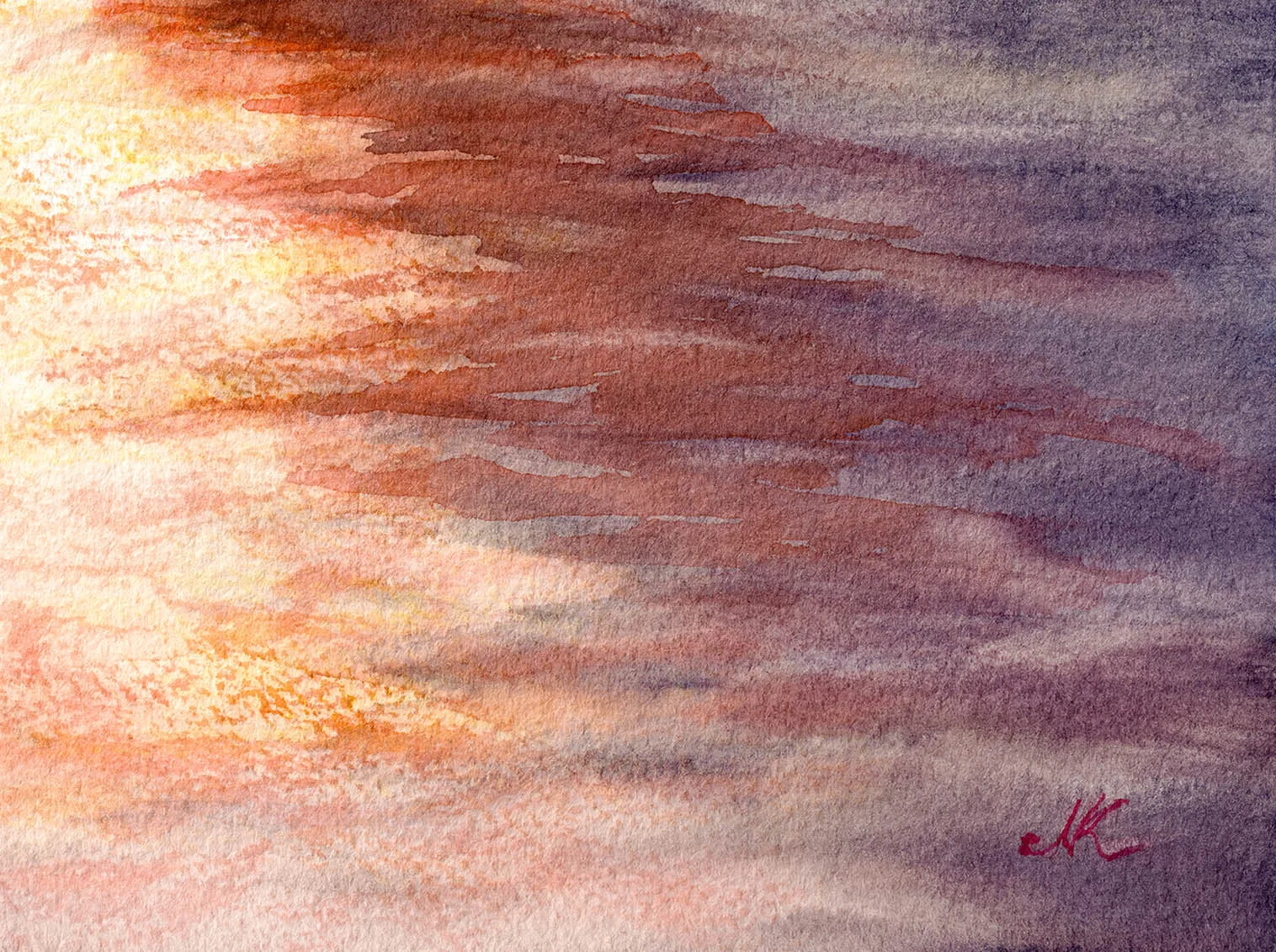 Artist Kateryna Nazarenko’s signature on Sailing into the Sunset, marking this original watercolor painting.
