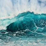 Splash – A seascaspe watercolor painting by Kateryna Nazarenko, depicting a powerful ocean wave in deep blue and turquoise tones with white sea foam and dynamic movement.