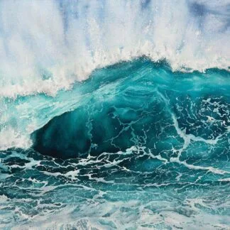Splash – A seascaspe watercolor painting by Kateryna Nazarenko, depicting a powerful ocean wave in deep blue and turquoise tones with white sea foam and dynamic movement.