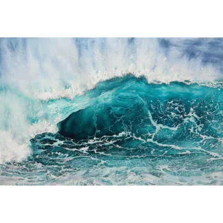 Splash is a dynamic seascape watercolor painting capturing a crashing ocean wave in shades of blue, turquoise, and white, evoking the energy and power of the sea.