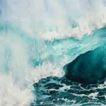 Closeup of Splash watercolor painting showcasing the dynamic spray and frothy details of a crashing ocean wave.