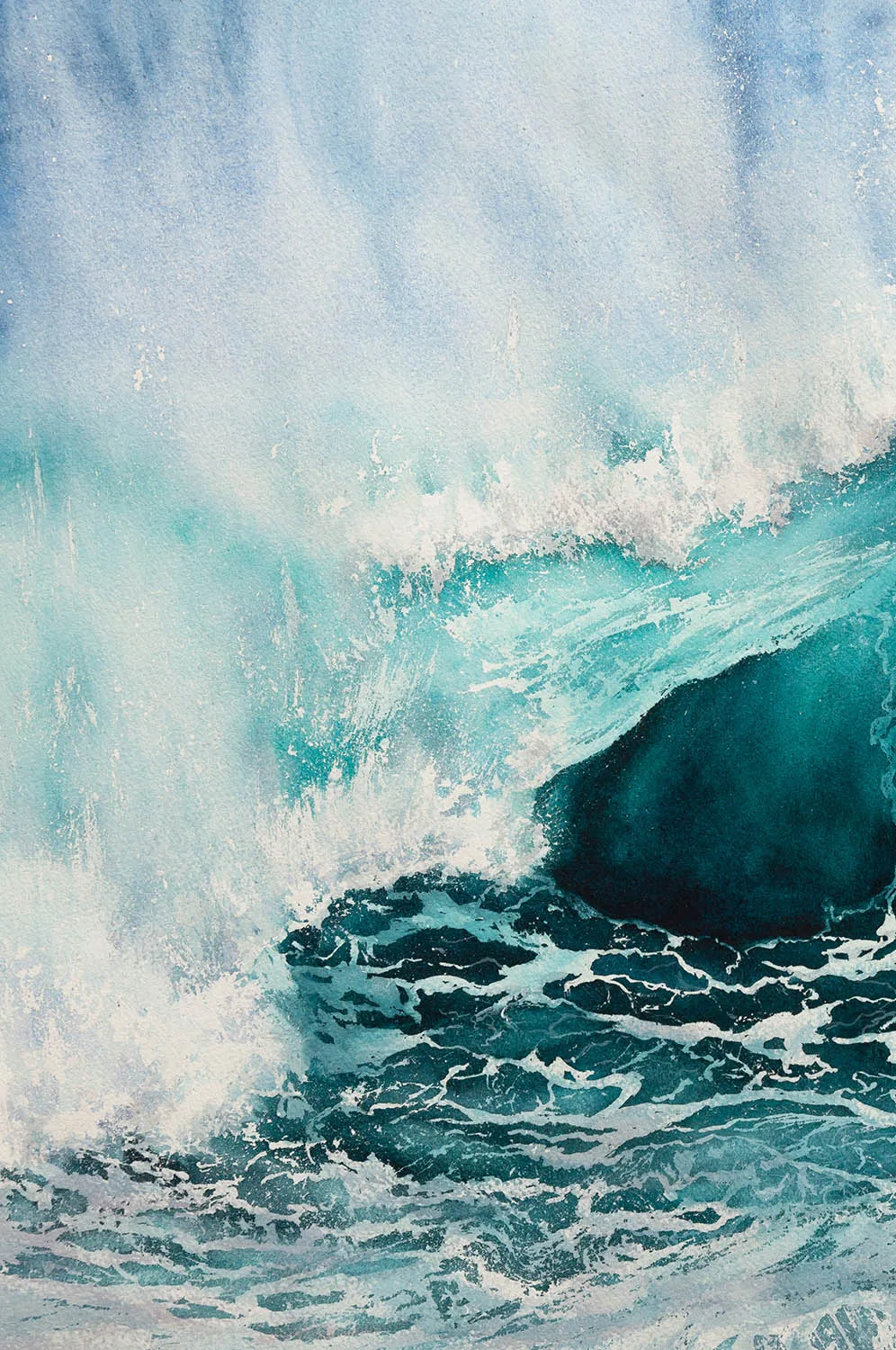 Closeup of Splash watercolor painting showcasing the dynamic spray and frothy details of a crashing ocean wave.