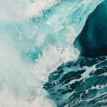 Wave texture close-up with fluid motion and watercolor brushstrokes in deep blues.