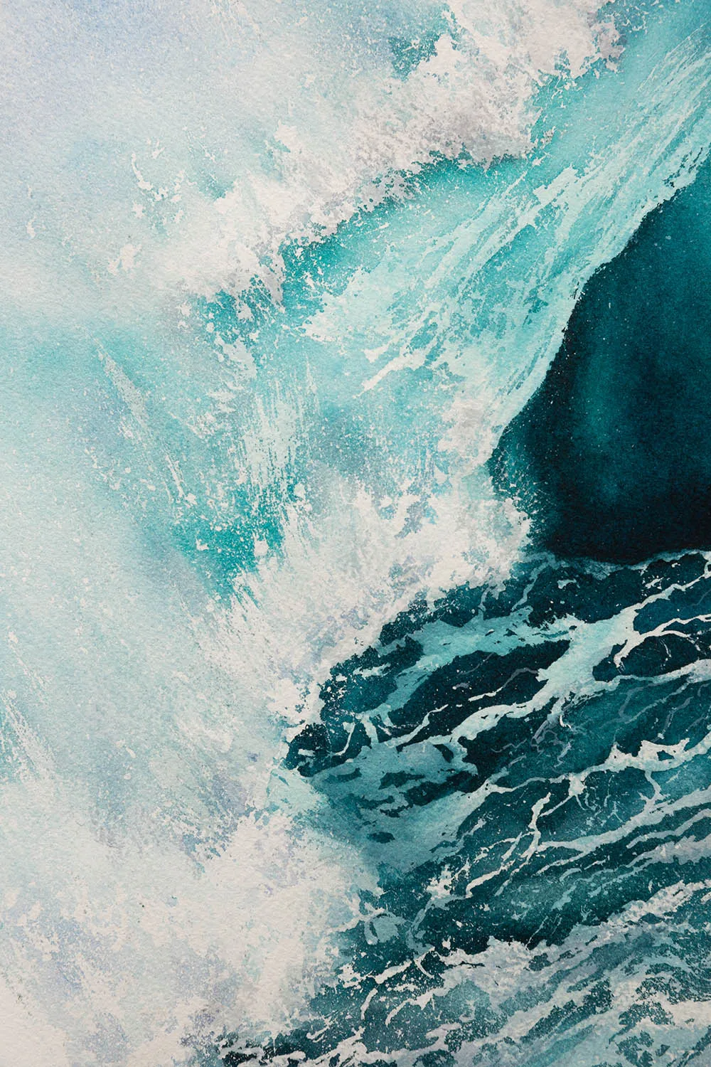 Wave texture close-up with fluid motion and watercolor brushstrokes in deep blues.
