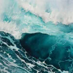 Detailed close-up of a vibrant ocean wave with turquoise and deep blue colors.