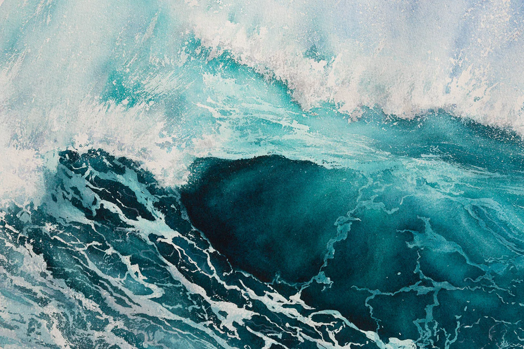 Detailed close-up of a vibrant ocean wave with turquoise and deep blue colors.