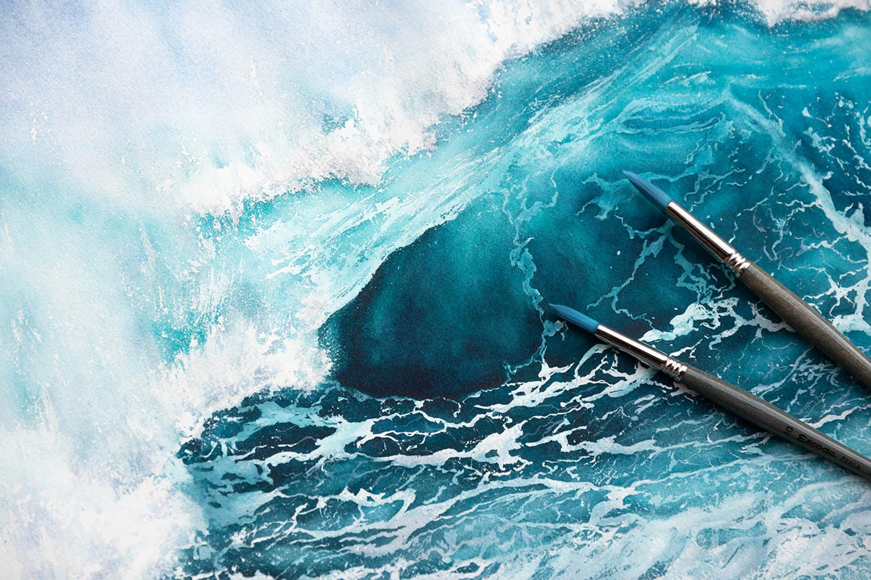 Artist's creative process with watercolor brushes used to paint Splash.