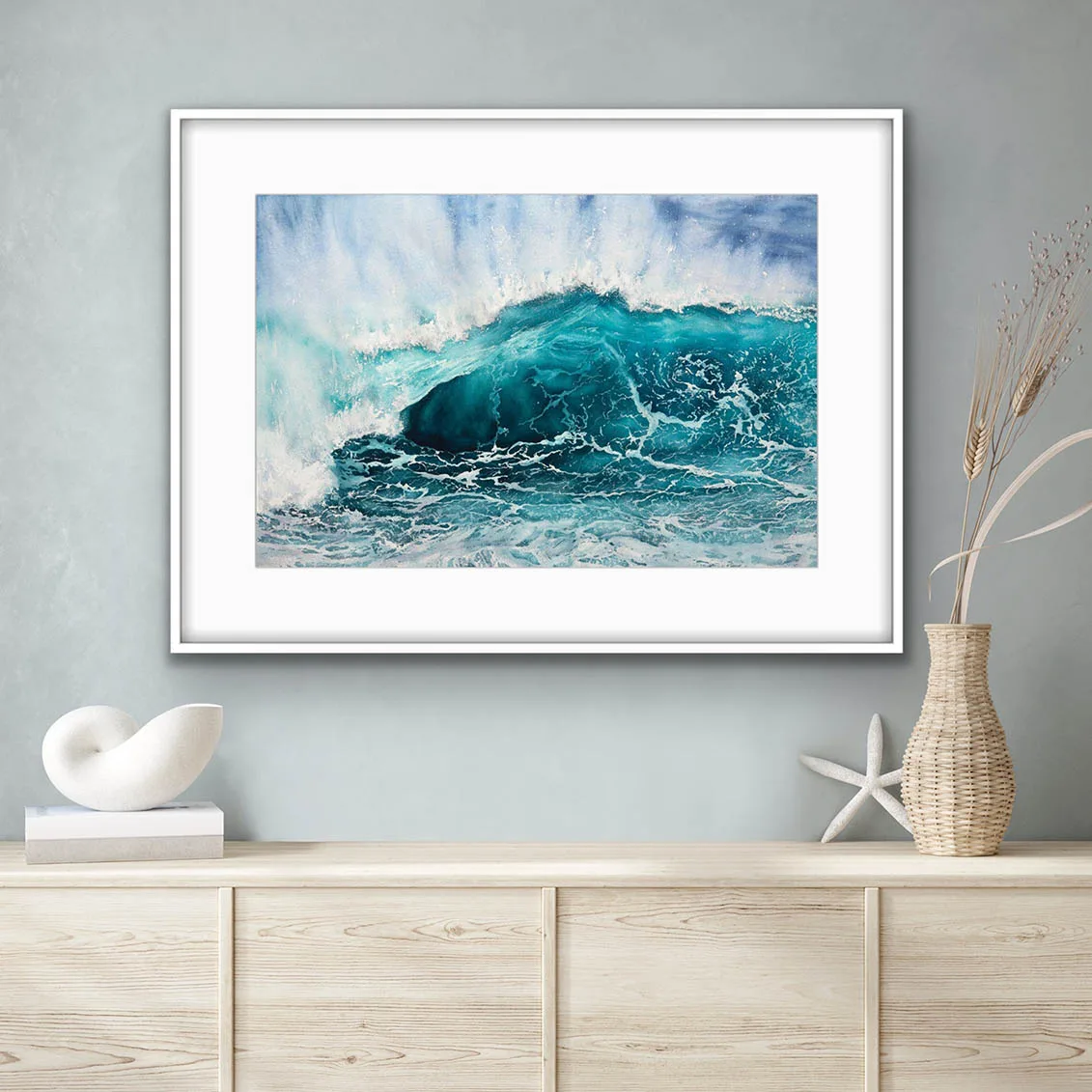 Splash watercolor painting displayed in a coastal-inspired living room for beach decor.