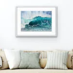 Splash seascape watercolor painting enhancing a coastal living room ambiance.
