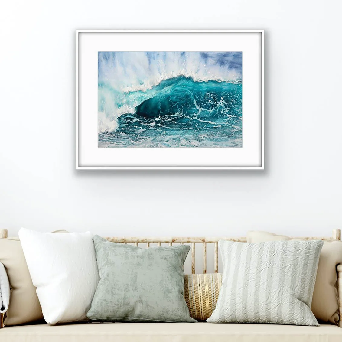 Splash seascape watercolor painting enhancing a coastal living room ambiance.
