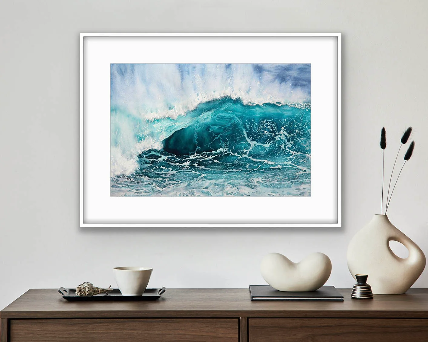 Modern living room featuring Splash ocean wave painting as a focal point.
