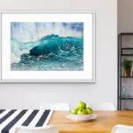 Splash watercolor painting adding energy to a home office with ocean-inspired decor.