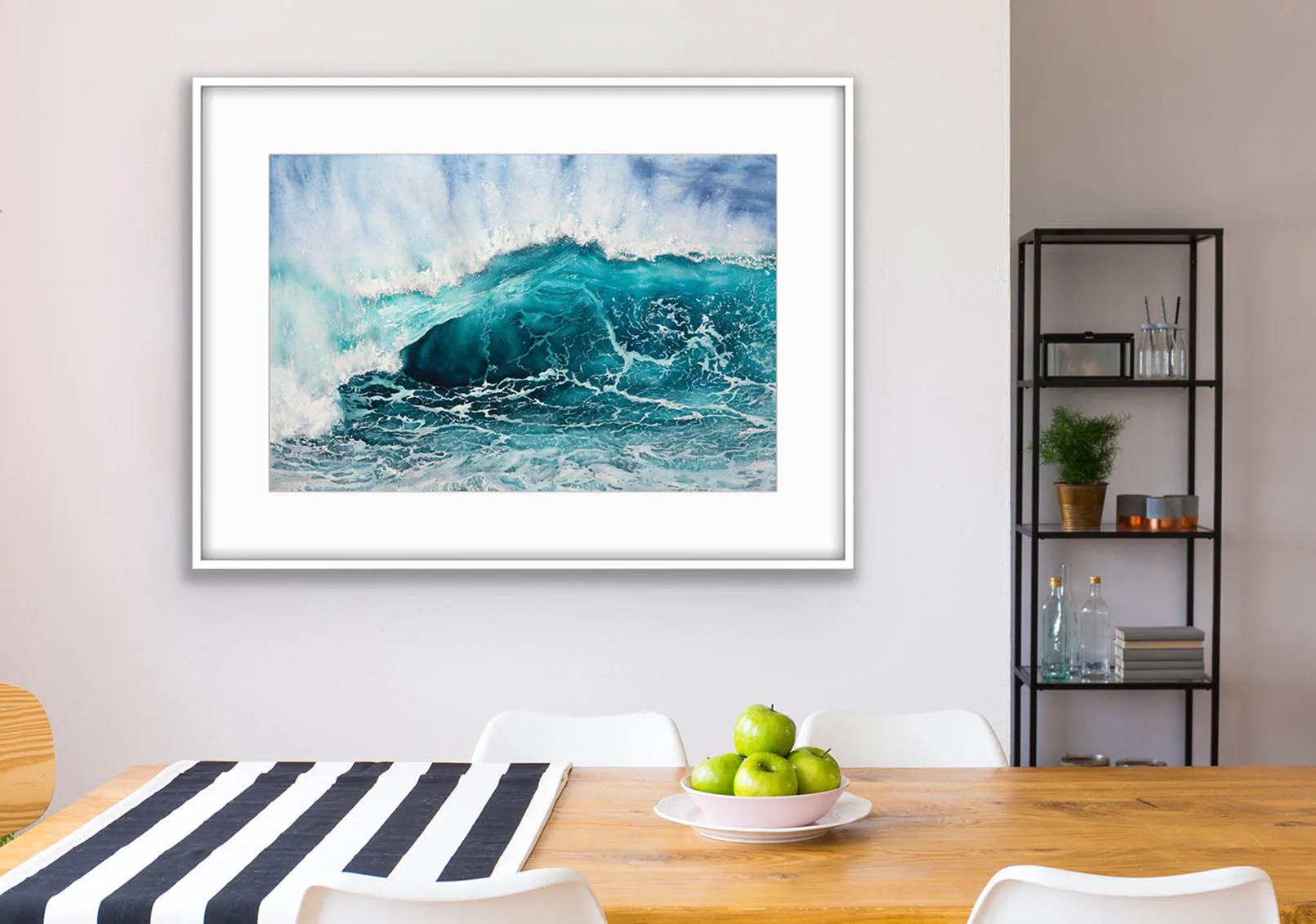Splash watercolor painting adding energy to a home office with ocean-inspired decor.