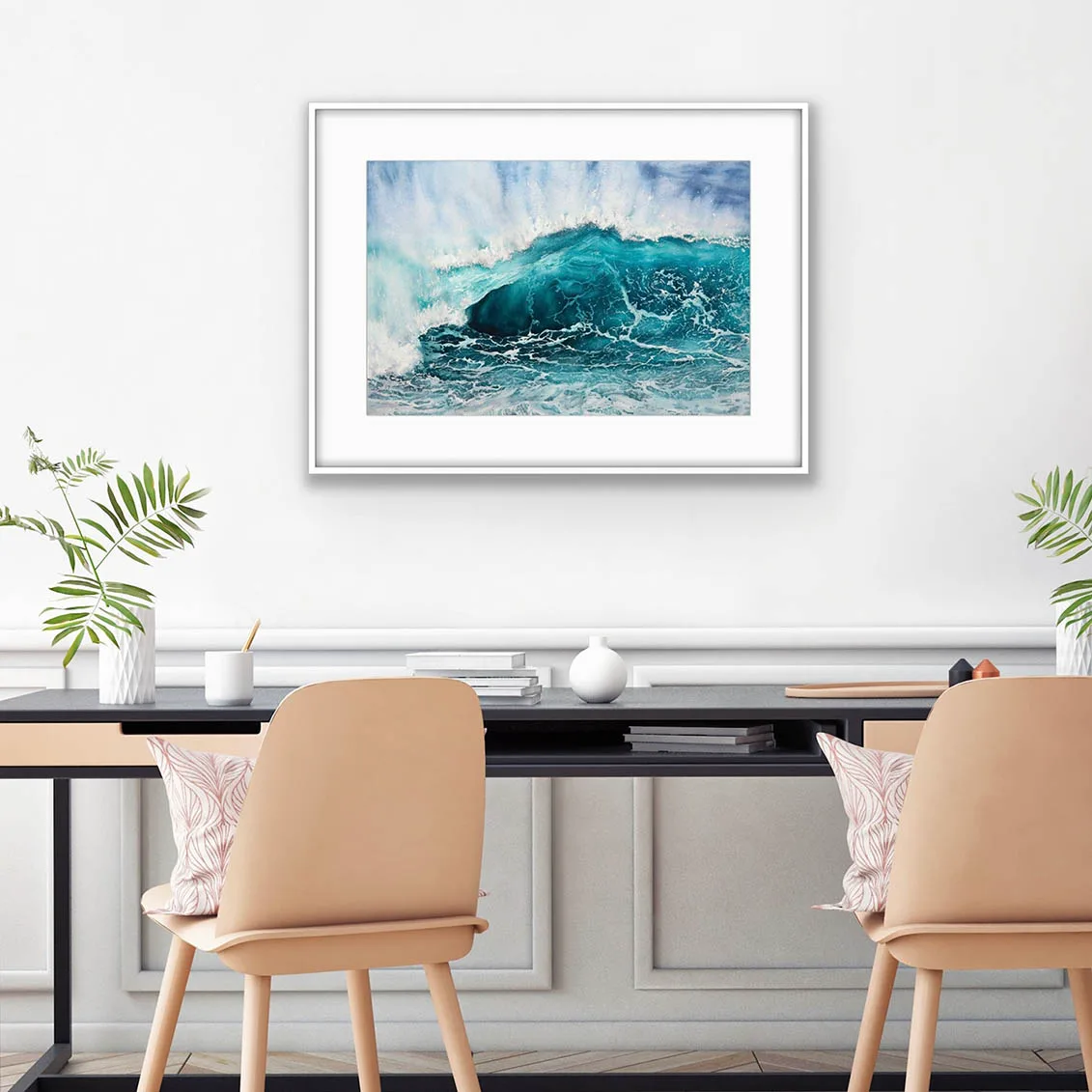 Splash watercolor painting adding energy to a home office with ocean-inspired decor.