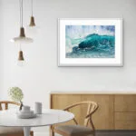 Splash painting framed in a contemporary dining room with coastal interior style.