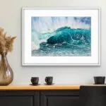 Splash watercolor artwork adding dynamic ocean energy to a modern living room space.