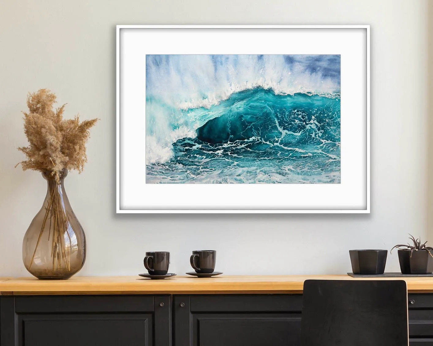 Splash watercolor artwork adding dynamic ocean energy to a modern living room space.