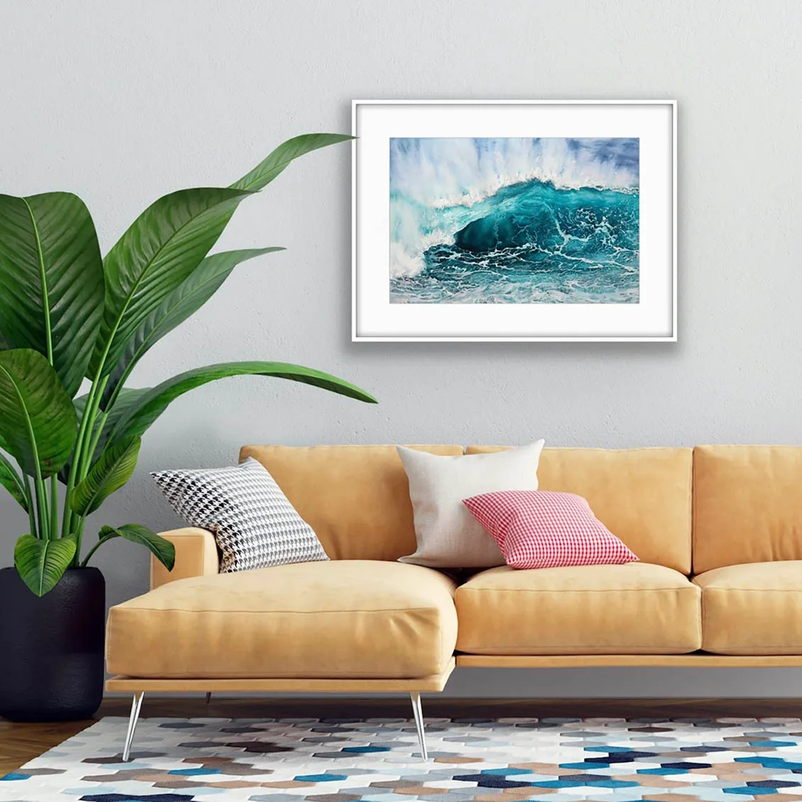 Bright and airy living room featuring Splash painting, capturing the energy of the sea.
