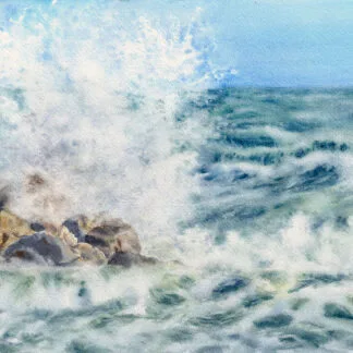 Watercolor painting of stormy ocean waves crashing against coastal rocks, with sea spray and foam creating a dramatic seascape.