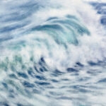 Watercolor painting of an ocean wave with soft blue and turquoise hues, capturing the movement, beauty, and serenity of the sea.