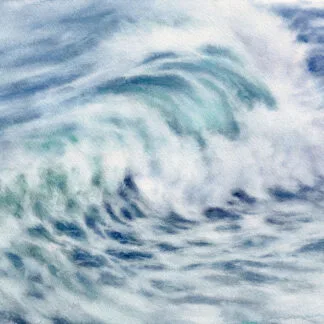 Watercolor painting of an ocean wave with soft blue and turquoise hues, capturing the movement, beauty, and serenity of the sea.