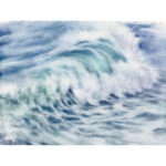 "Whispering Wave" is a watercolor painting depicting gentle ocean waves rolling and dissolving into soft white foam. The artwork features calming shades of deep blue, turquoise, and white, capturing the serene motion and tranquil essence of the sea.