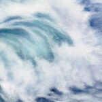 Close-up of a wave from Whispering Wave watercolor painting, showcasing soft flowing brushstrokes in deep blue, turquoise, and white, capturing the gentle motion of the sea.