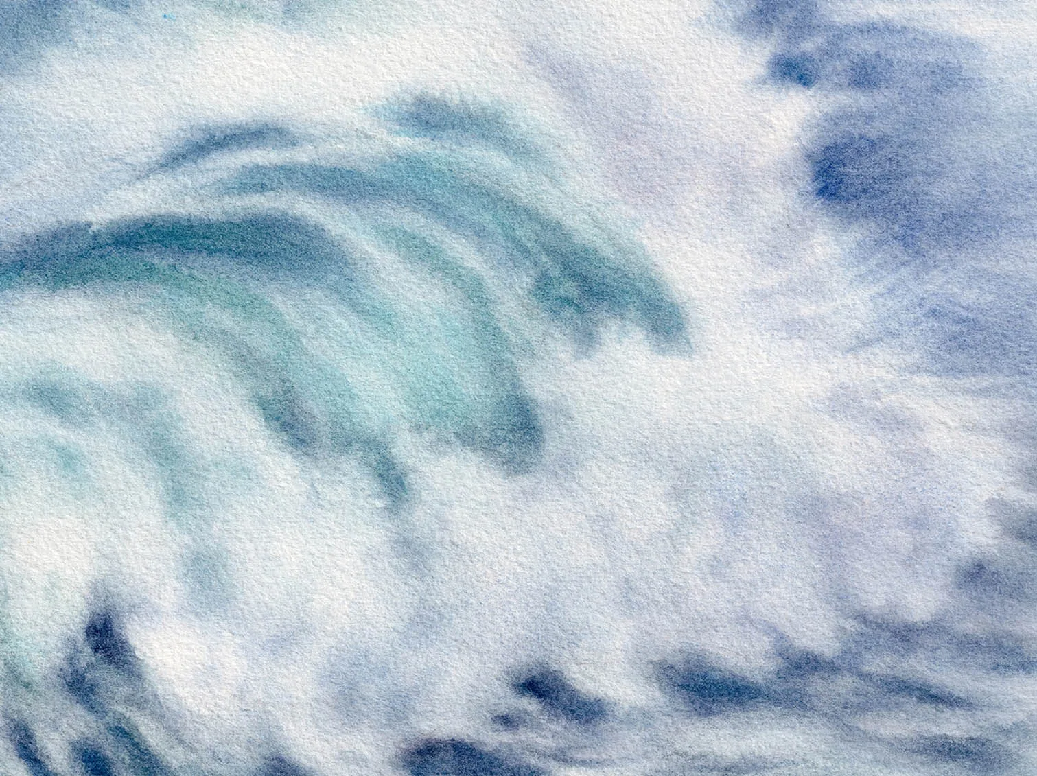 Close-up of a wave from Whispering Wave watercolor painting, showcasing soft flowing brushstrokes in deep blue, turquoise, and white, capturing the gentle motion of the sea.