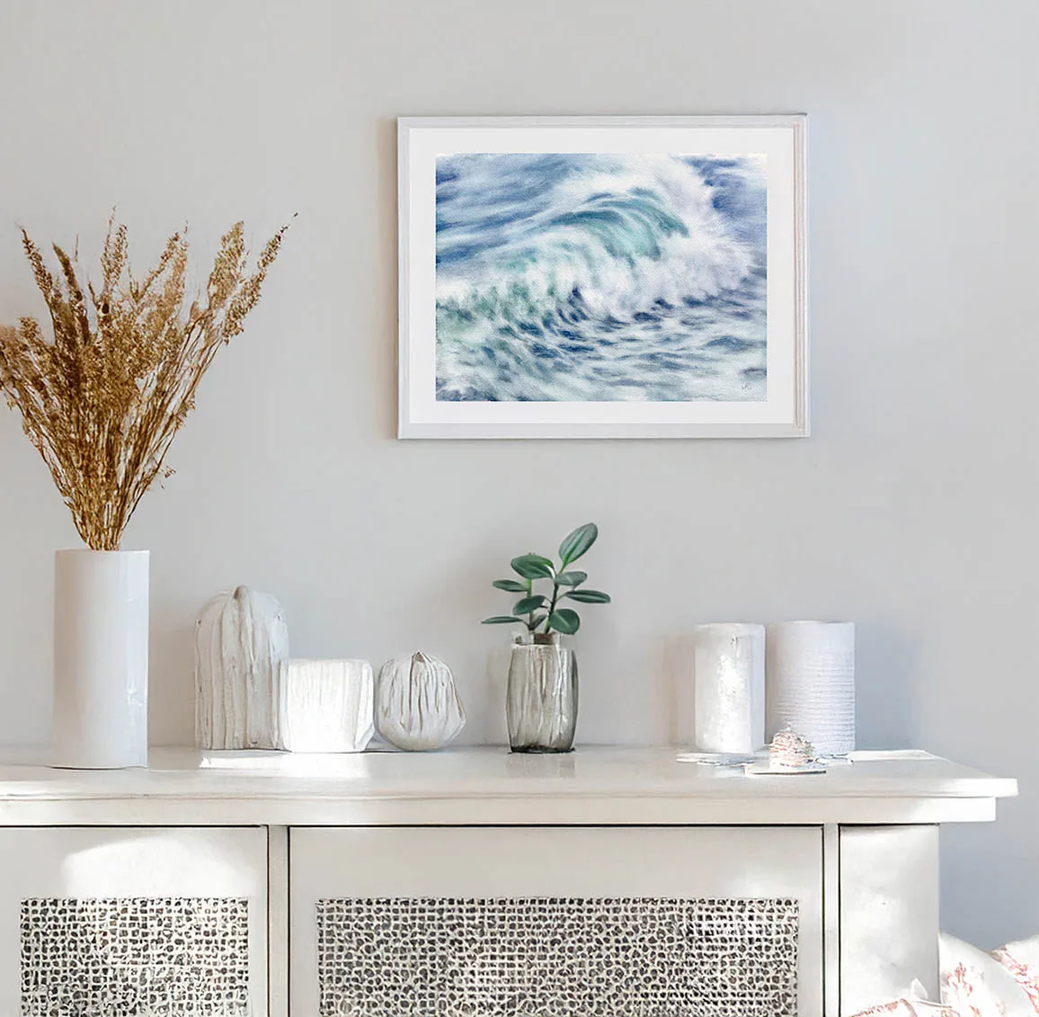 Whispering Wave watercolor painting displayed in a coastal interior, bringing calming ocean vibes and tranquil ambiance to the room.
