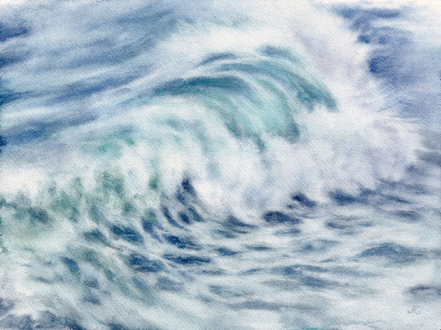 Watercolor painting of an ocean wave with soft blue and turquoise hues, capturing the movement, beauty, and serenity of the sea.
