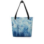 Abstract blue ocean tote bag with watercolor waves print in ultramarine and navy blue, inspired by ocean movement and sea foam.