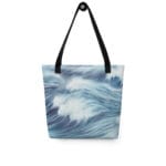 Blue ocean wave tote bag featuring a realistic watercolor painting of rolling waves, with deep blue water and white foam, perfect for beach and daily use.