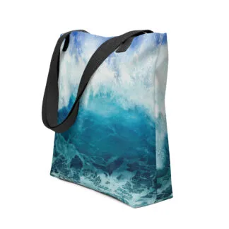 Ocean Wave Tote Bag featuring an ocean wave design in deep blues and turquoise, inspired by the watercolor painting 