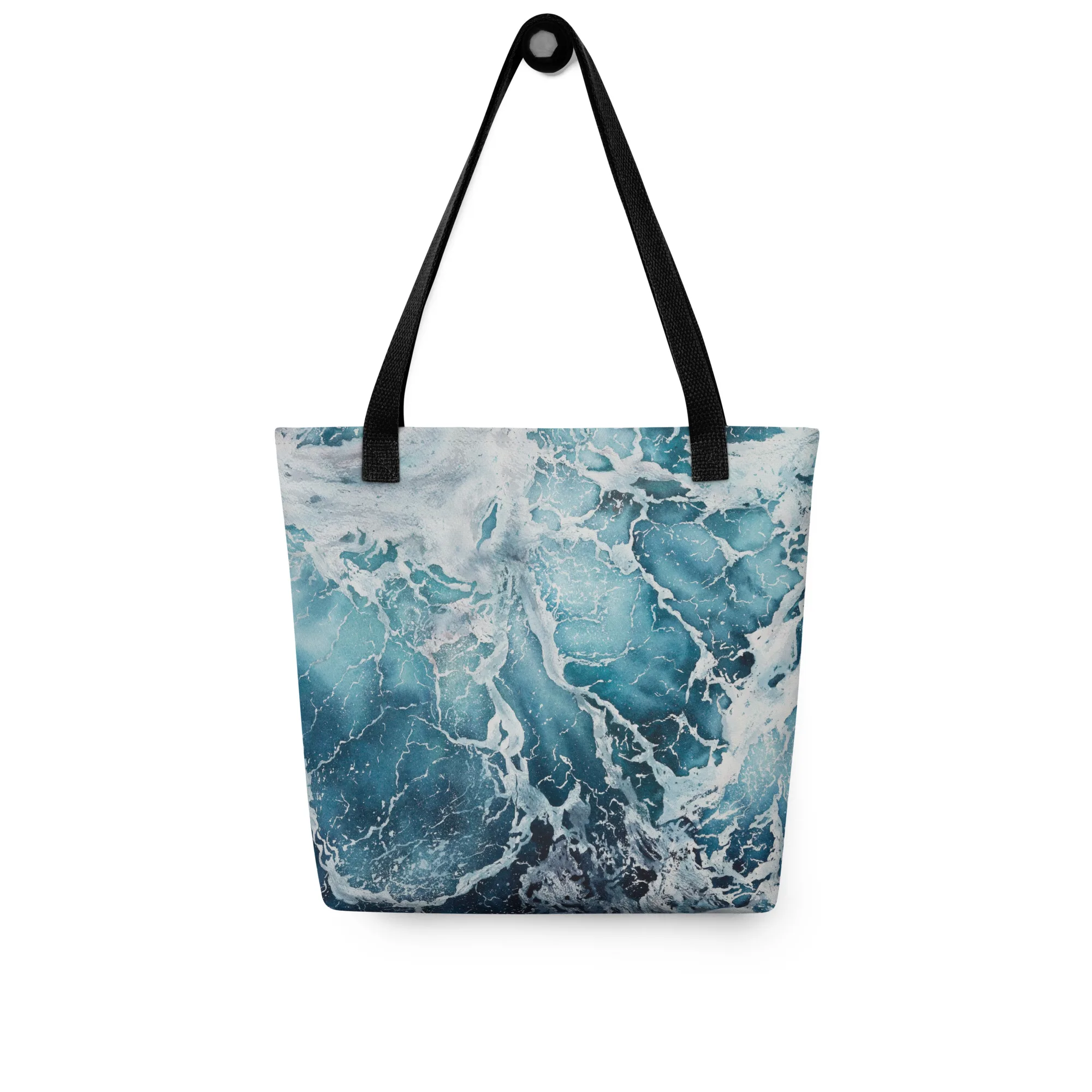 Ocean Waves Tote Bag with a watercolor design of ocean waves, sea foam, and deep blue colors, capturing the serene rhythm of the ocean's motion. Perfect for beach outings, shopping, or everyday use.