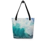 Summer Day Ocean Tote Bag featuring a watercolor design of a dynamic turquoise wave, capturing the peaceful energy and rhythm of the ocean, perfect for beach trips or everyday use.
