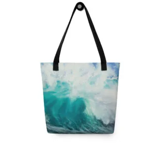 Summer Day Ocean Tote Bag featuring a watercolor design of a dynamic turquoise wave, capturing the peaceful energy and rhythm of the ocean, perfect for beach trips or everyday use.