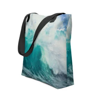 Summer Day Ocean Tote Bag featuring a watercolor design of a dynamic turquoise wave, capturing the peaceful energy and rhythm of the ocean, perfect for beach trips or everyday use.