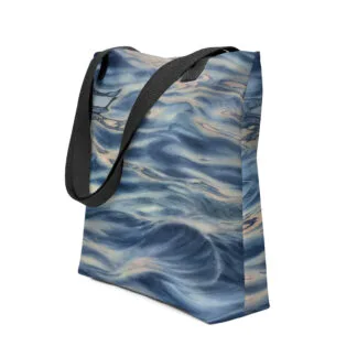 Sunset Ocean Tote Bag featuring a watercolor design of the ocean at sunset, with deep blues and soft grays creating a serene, calming, and contemplative vibe. Perfect for beach outings or daily use.